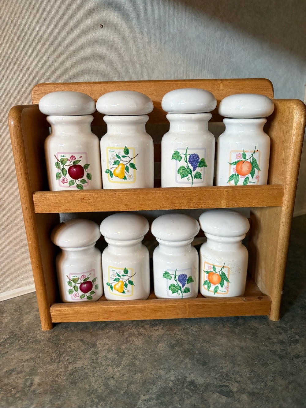 VTG Hymark 8 Fruit Bottle Spice Jars with Wood Rack Apothecary Jars Cottagecore